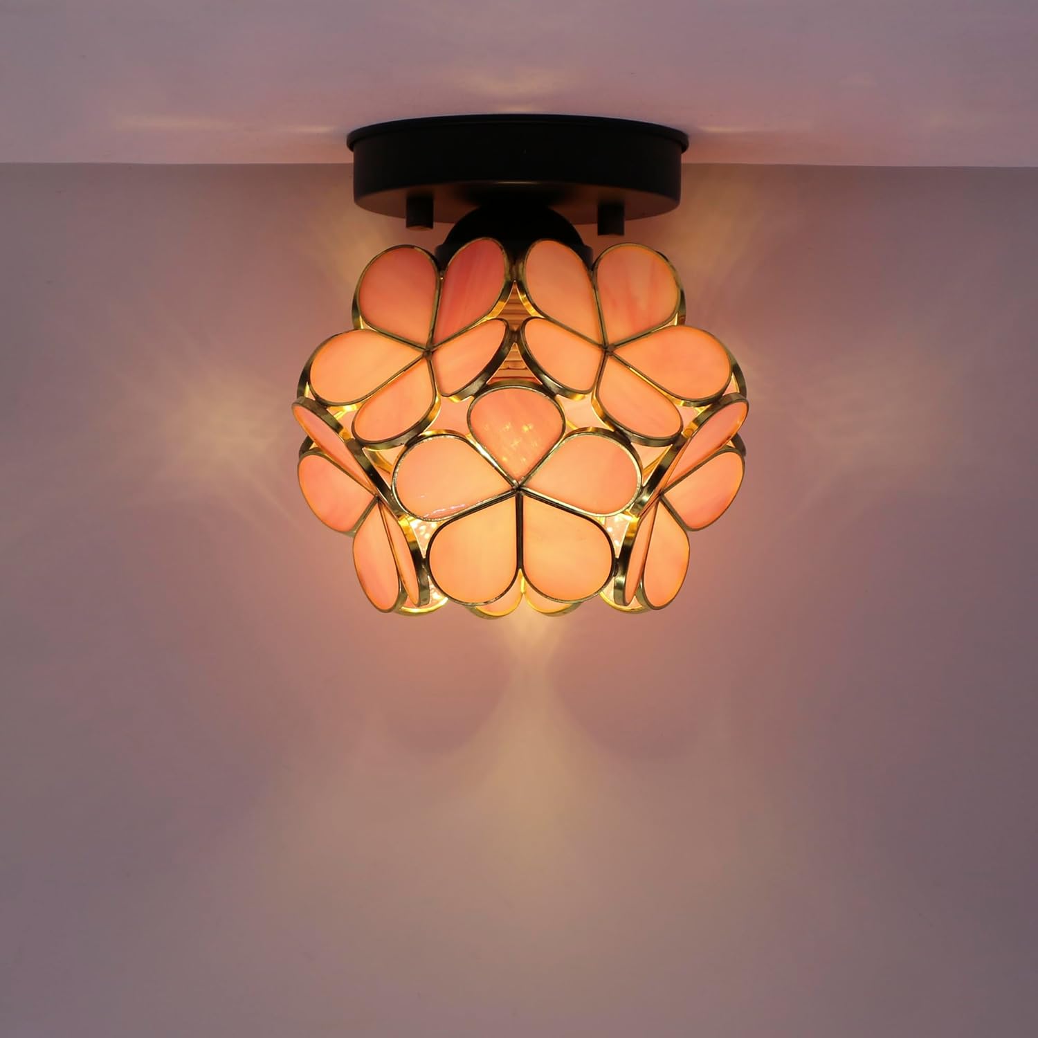 Small Tiffany Stained Glass Pink Petal Ceiling Light Fixture Semi Flush Mount Wide 6 Inch Hegiht 7 Inch