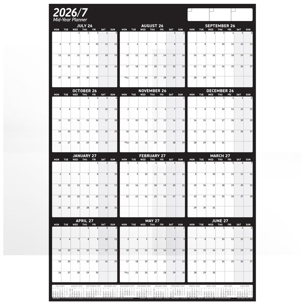PlannerHead 2026/27 Academic Wall Planner/July 2026-June 2027 Calendar UK/Unmounted Unlaminated Year Planner Poster/Grid Portrait Black Gigantic Size 90cm x 135cm (Rolled)