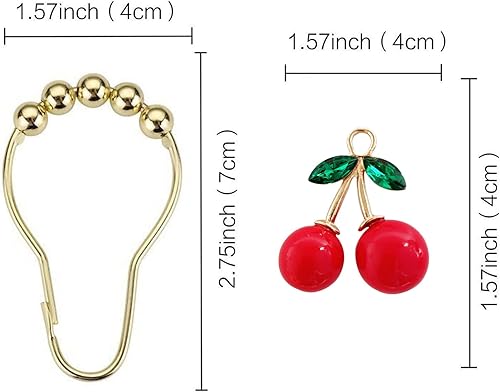 Miniatura 3 de Juego de 12 ganchos para cortina de ducha de cerezas, decoración con colgante de cereza roja, estilo frutal para baño de niños, ganchos de acero