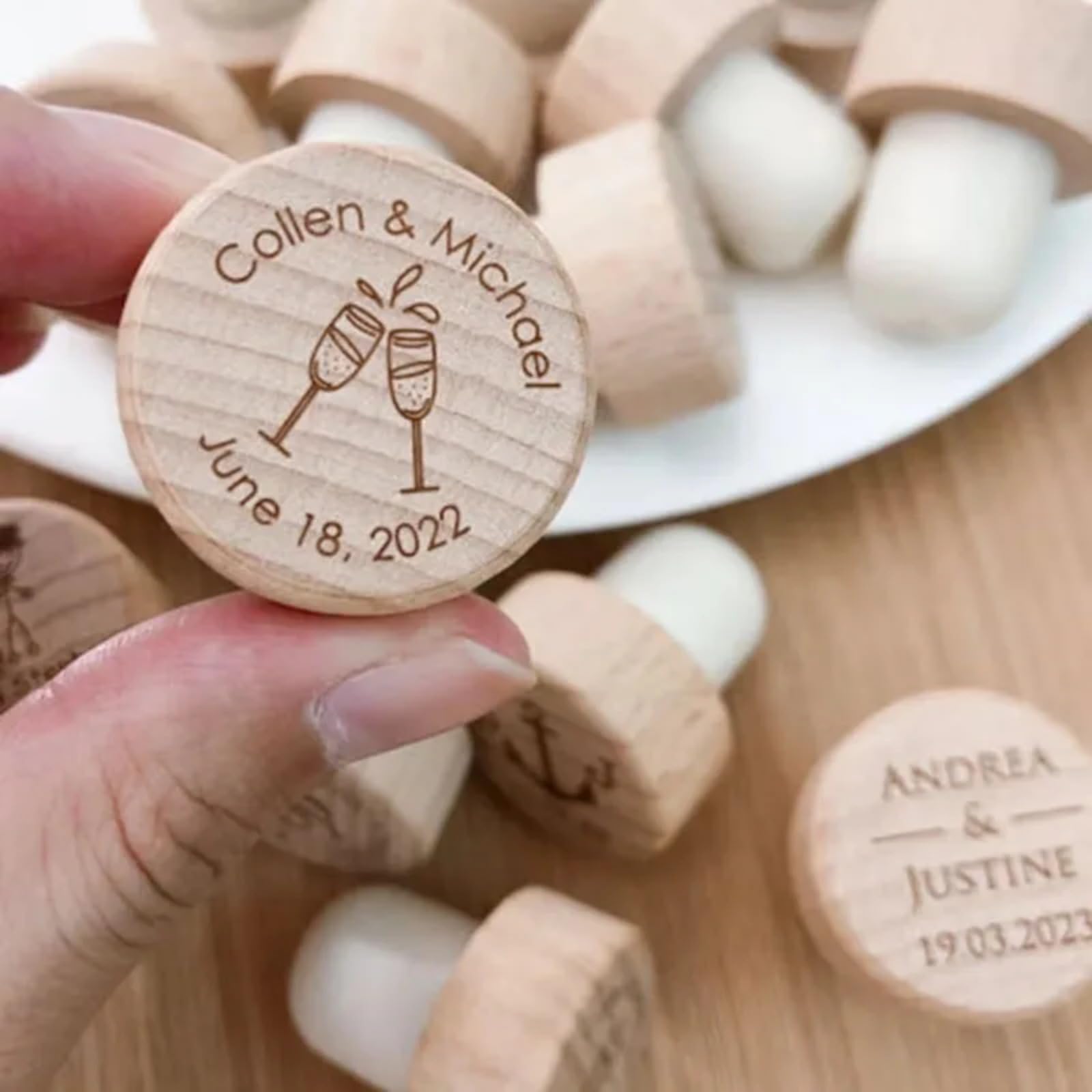 Corchos de vino personalizados para boda, corchos de botella de vino grabados, tapón de vino de madera con láser, regalo de boda y fiesta (90 unidades)