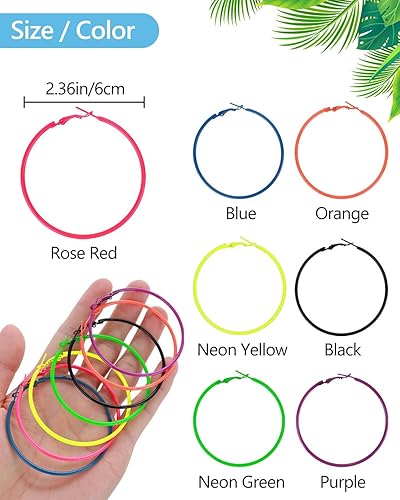 Vista 3 de 7 pares de aretes de aro de neón de los años 80, ligeros, redondos, retro, brillantes, coloridos, para disfraz de los años 80, accesorio de fiesta