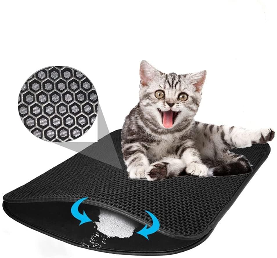Pets Empire Cat Trapping Mat, Honeycomb Double Layer Design Waterproof Urine Proof Trapper Mat for Litter Boxes, Easy Clean Scatter Control Black Color (Large (55 x 75cm))