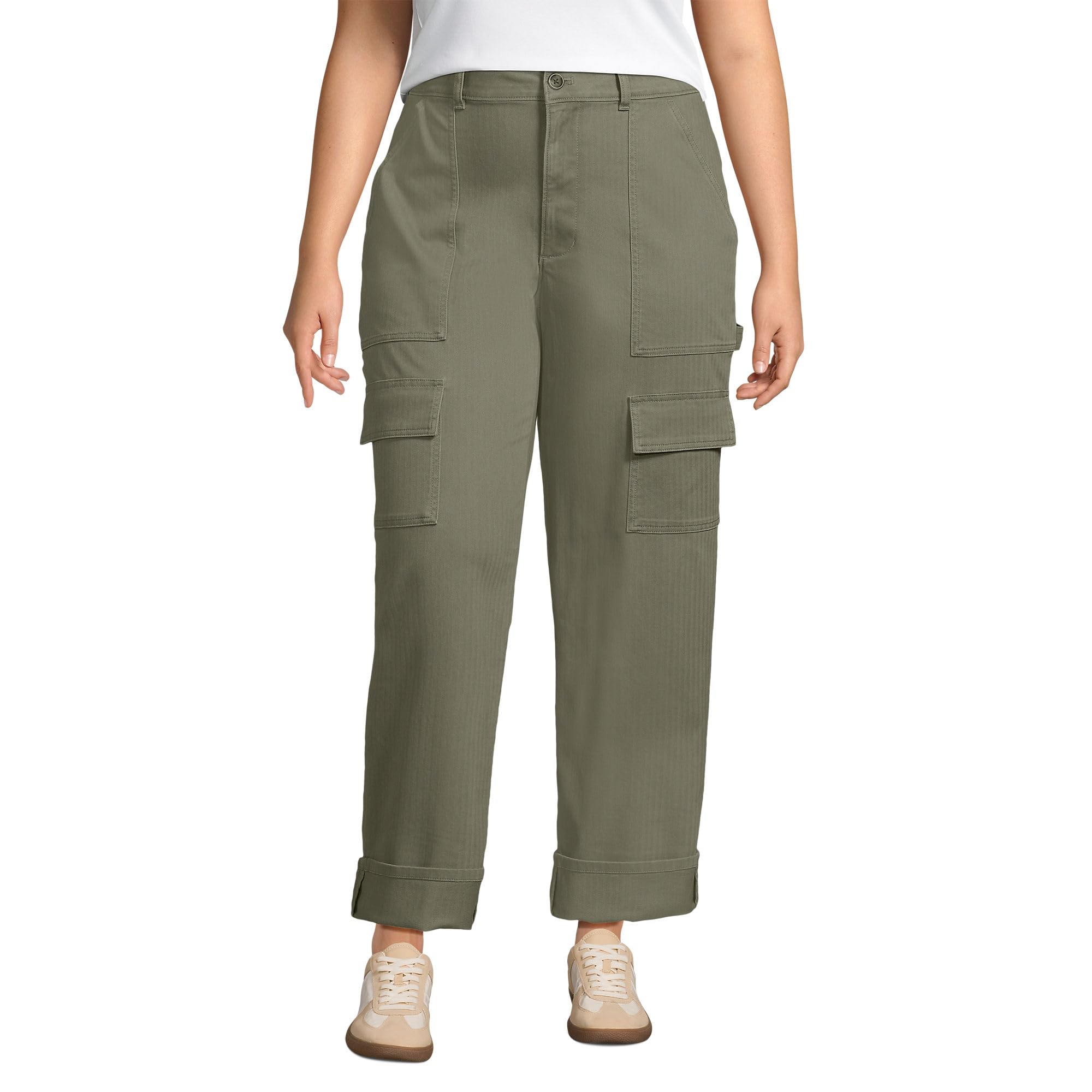 Lands End Womens Plus Size Chino Mid Rise Straight Leg Cargo Ankle Pants 24W River Stone Green