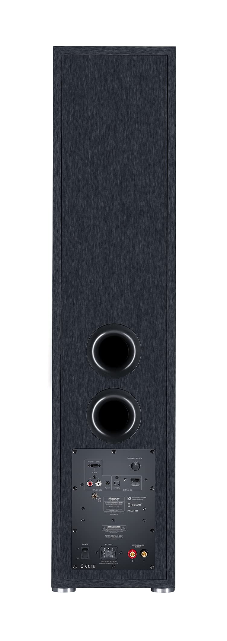 Magnat Monitor Reference 5A, Bluetooth-Stereo-Standlautsprecher mit HDMI, hochwertiger Phono-Vorverstärker, 1 Paar, schwarz | Aktives 2.5-Wege-Stereo-Paar mit 2x60 W RMS, HDMI ARC, Bluetooth 5.0 aptX, Phono/RCA, optischem Eingang und AUX.