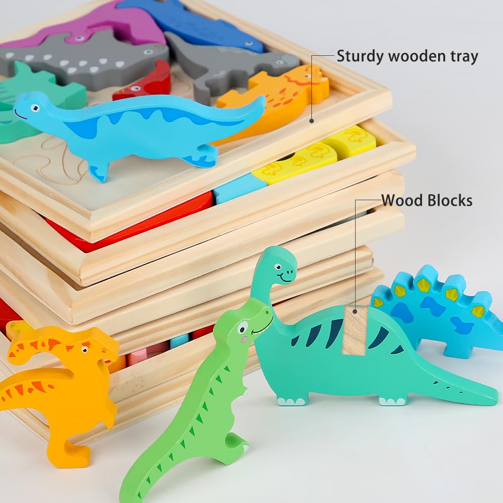 Wooden Puzzles For Toddlers 1-3 Dinosaur Baby Learning Toys For