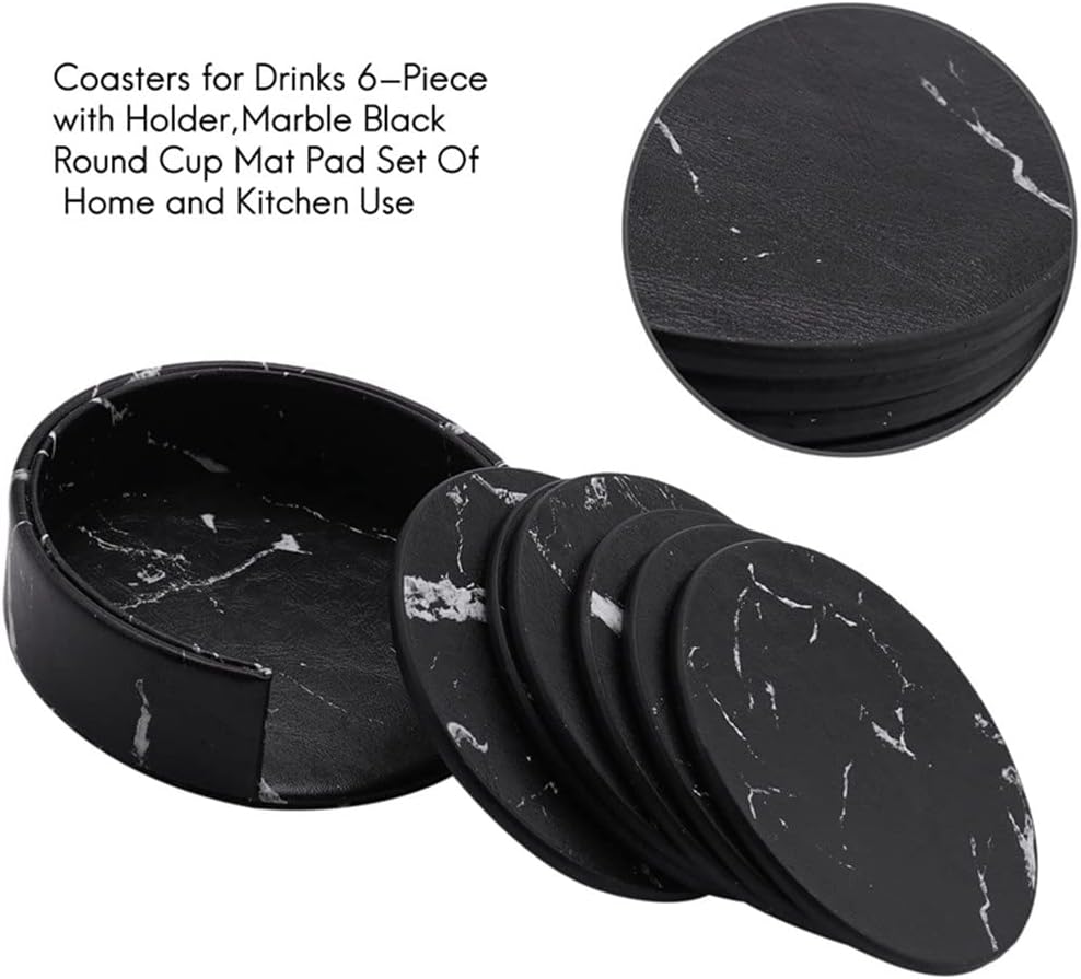 Coasters For Drinks 12-Piece With Holder,Marble Black Round Cup Mat Pad Set Of Home And Kitchen Use