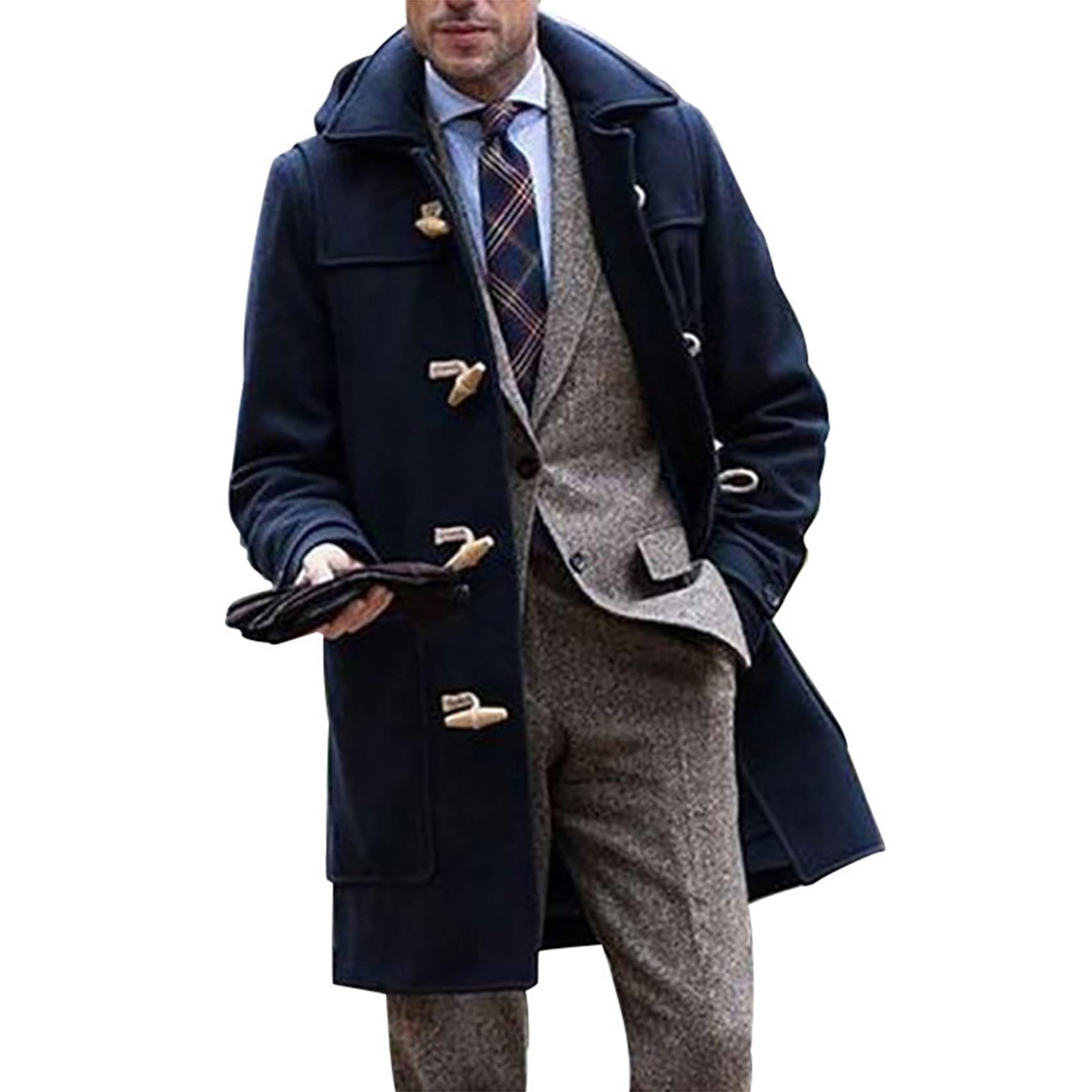 LZJDS Cappotti di Media Lunghezza con Risvolto da Uomo Cappotto Casual dal Taglio Classico Cappotto Invernale con Montgomery Trench con Fibbia a Corna