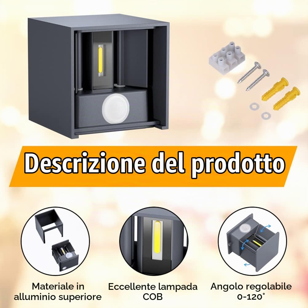 Klighten 2 PCS Lampada da esterno, 12W Applique da Parete con sensore di movimento per luci esterni/interni Lampade da parete con fascio regolabile IP65 Impermeabile 4000K Antracite