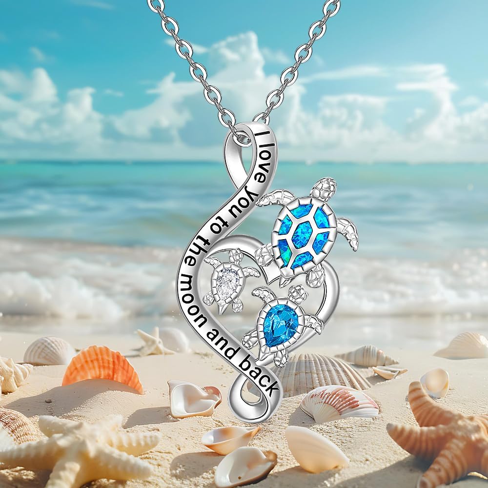 Fenthring Turtle Necklace for Women Sea Turtle Gifts Mom Pendant Blue Opal Topaz Sterling Silver Heart Infinity Mother Daughter Wave Christmas Gifts for Women - Image 7