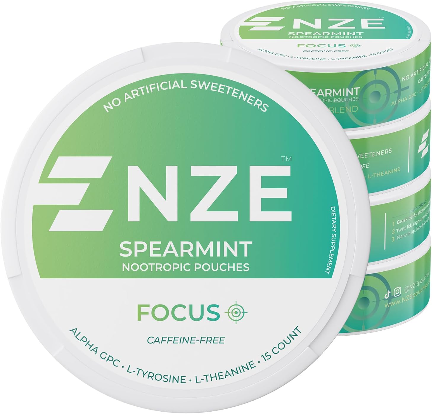 Caffeine Free Nootropic Pouches (Spearmint) - Nootropic Pouches with Alpha GPC, L-Tyrosine & L-Theanine - No Sugar or Artificial Sweeteners - 15 Nicotine Free Pouches Per Can - 5 Pack