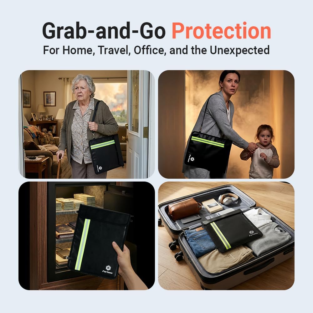 6200°F Fireproof Document Bag (15.75″ × 11.81″) with Adjustable Strap – 12-Layer Important Document Organizer with 2 Pockets for Passport, Cash & Legal Documents – Portable Fireproof Safe Bag