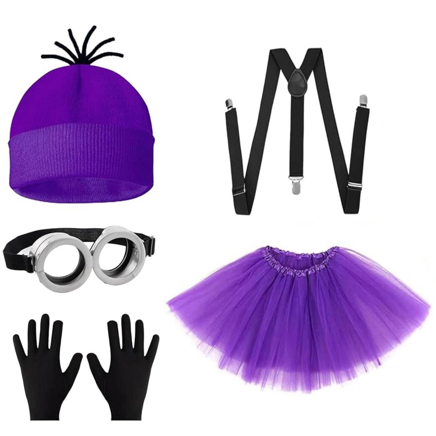 LIUWAZJ Halloween Cosplay Costume Accessories Set, Beanie, Glove, Glasses, Tutu Skirt & Suspender, Adults Women Teens Girls Fancy Dress for Halloween & Party Fun, World Book Day (Purple)