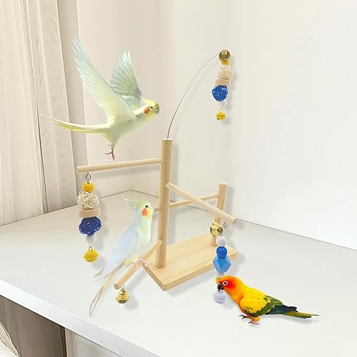 Miniatura 3 de Parque infantil para pájaros, plataforma de madera natural para pájaros con juguetes para masticar, soporte de entrenamiento de gimnasio para