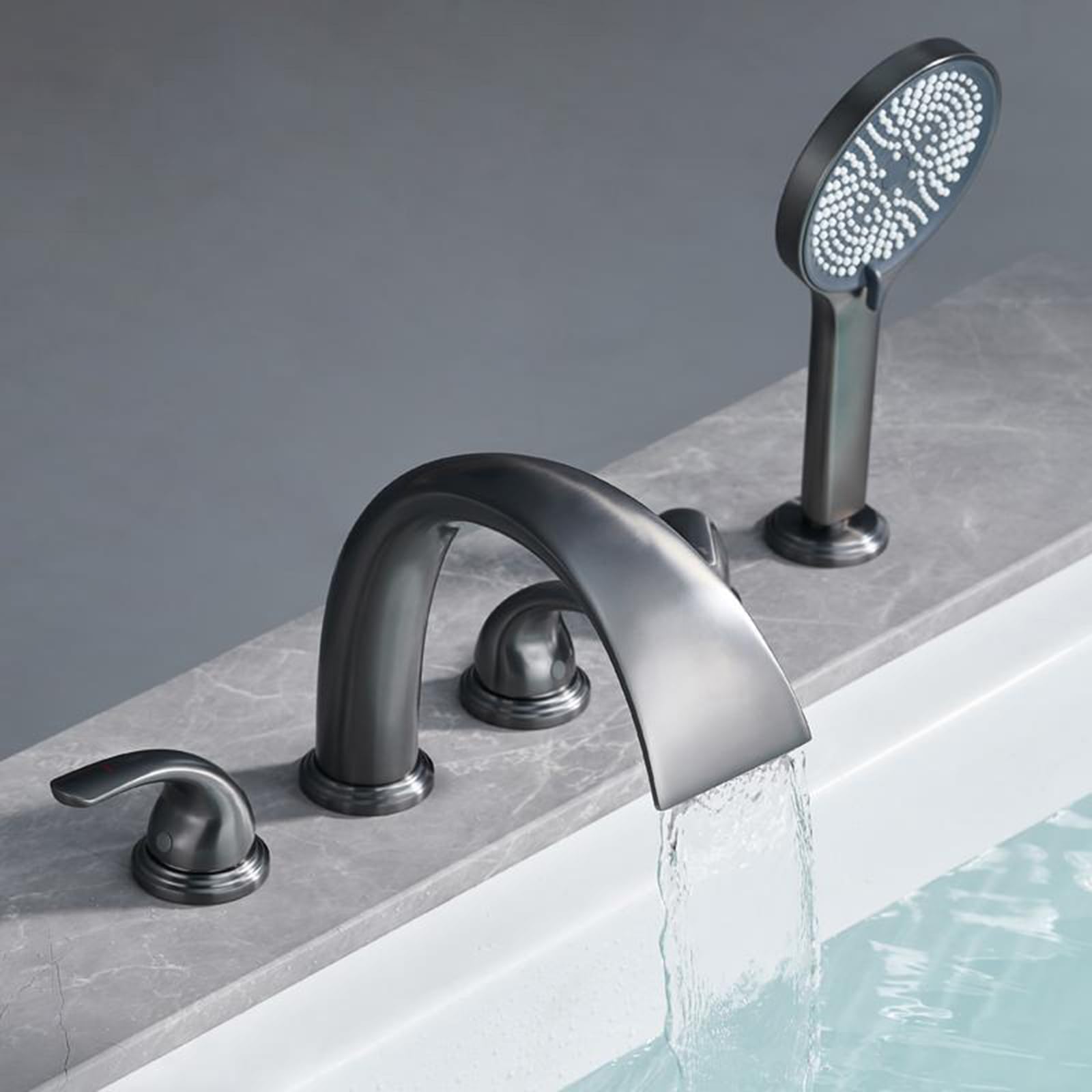 NZPOST Chrome 5+Hole Bath Shower Mixer+Tap Waterfall Tap with Shower Head and Hose Set for Bath Taps (Grey