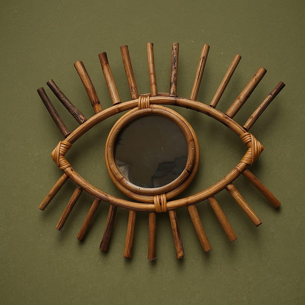 Decorative Rattan Eye Wall Mirror, Boho Style, Natural Bamboo Frame-picture-11