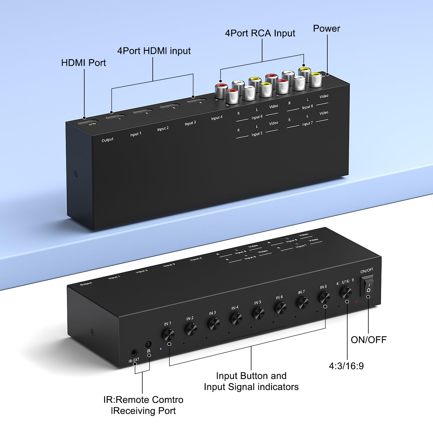Y.D.F Commutateur 4 voies HDMI 2.0 + convertisseur 4 RCA vers HDMI (2 en 1) 4 voies AV composite CVBS commutateur vers HDMI prend en charge la commutation 4:3/16:9 pour N64 NGC Wii Xbox PS2/3/4/5 Xbox