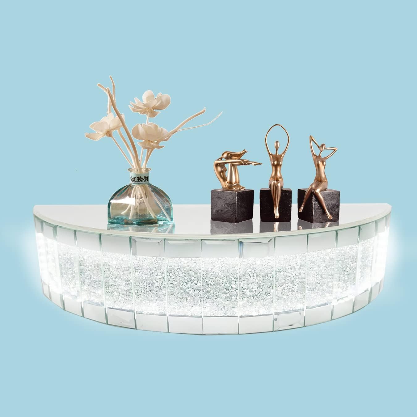 TACIDON Glowing Mirrored Floating Wall Shelf. Sparkling Crystal Crush