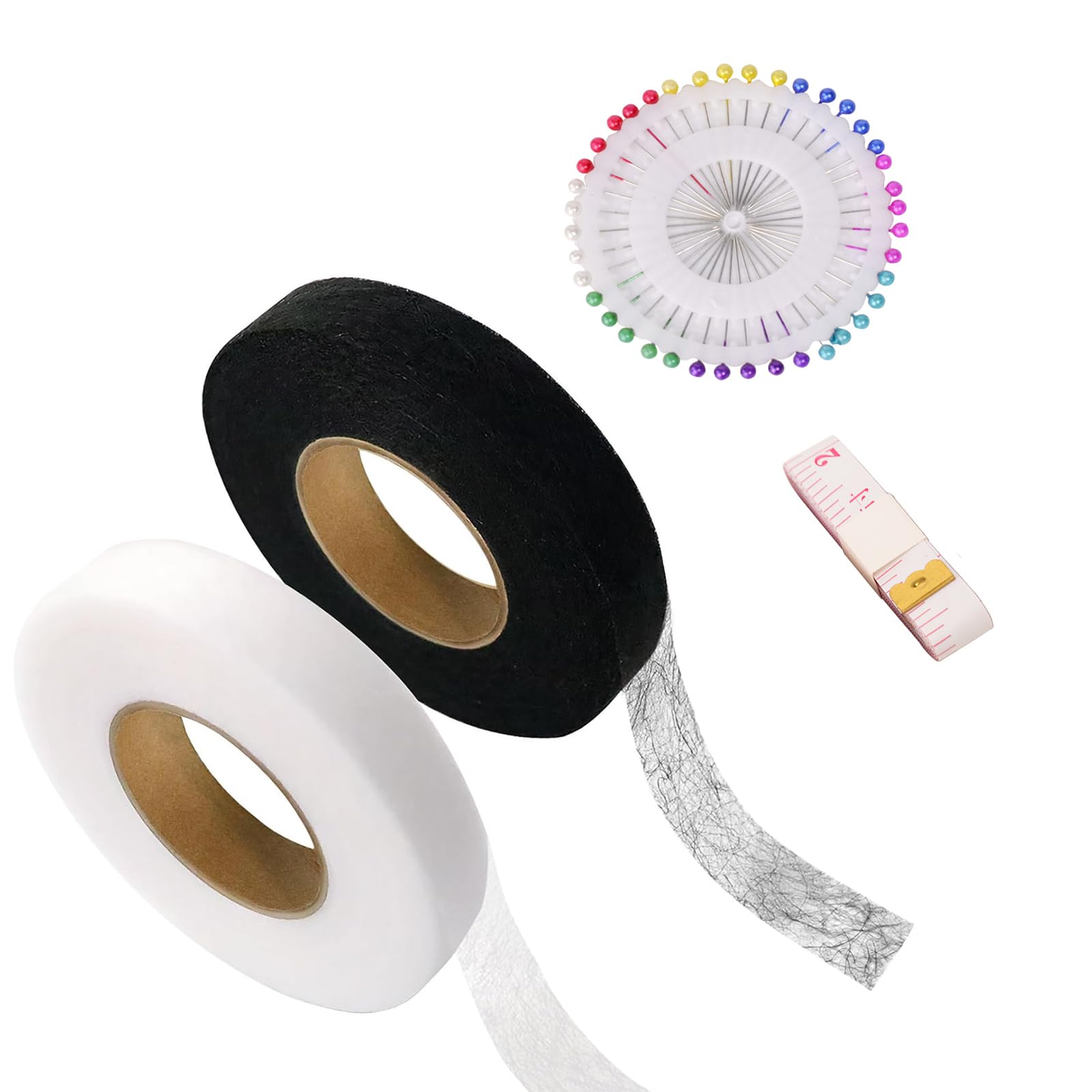 2 Pack Wonder Web, Hemming Tape, 64 Meters Iron On Hemming Tape Invisible Mending Tape, Fabric with Tape Measure, for Ironing Bonding Fabric Fusing, Patching Trousers Curtains Clothes(Black & White)