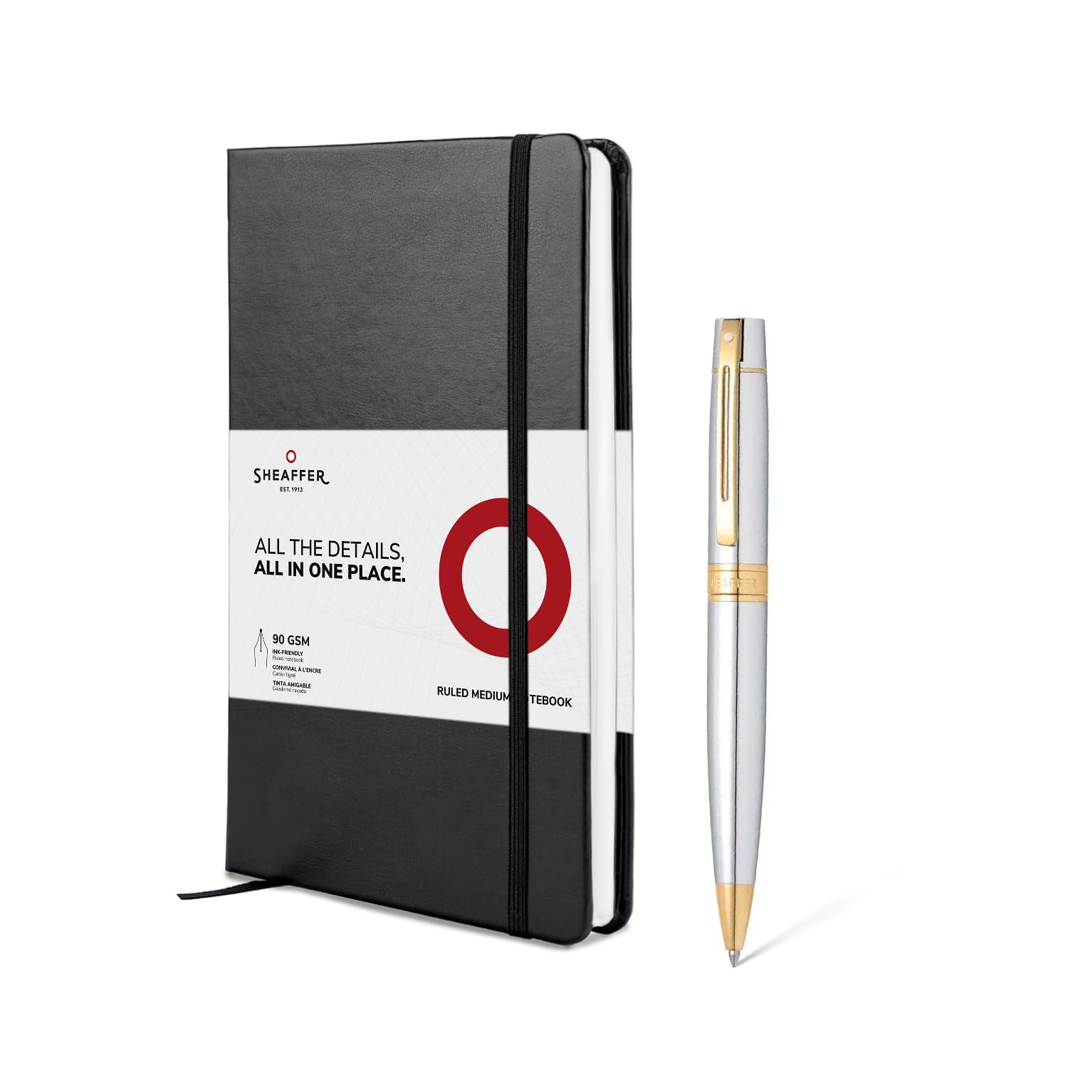 Sheaffer Gift Set 300 | G9342 Bright Chrome with Gold Tone Trim Ballpoint Pen with Medium Notebook | Premium Gift Set