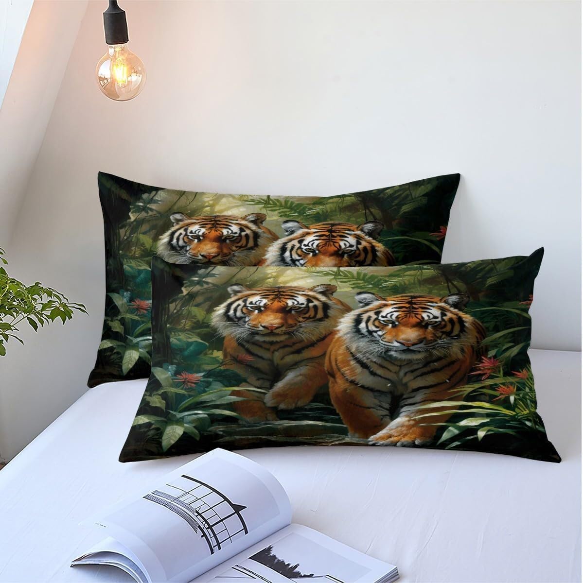 Tiger Bedding Comforter Sets, Dark Green Queen Comforter Set, Tropical Plants Wildlife Animal Tiger Bedding Set Quilt Cover with 2 Pillowcases for Kids Teens Adults,Queen