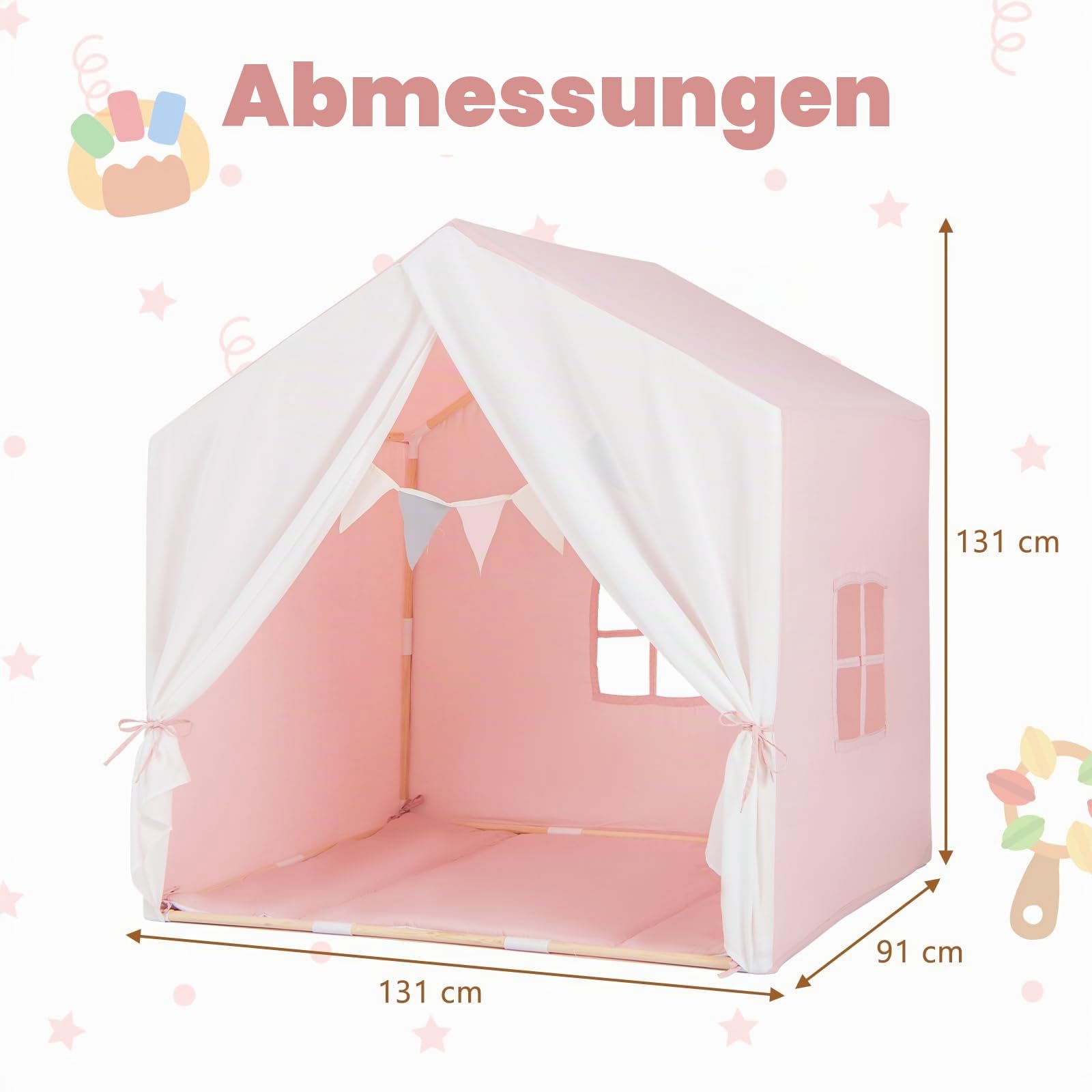 HOMASIS Kinderzelt Indoor, Spielzelt mit Matte, Vorhang, Flaggen, Spielhaus aus Holzrahmen, Bettzelt Prinzessin Zelt für Mädchen & Jungen ab 3 Jahren, Kinderspielhaus für Kinderzimmer (Rosa)