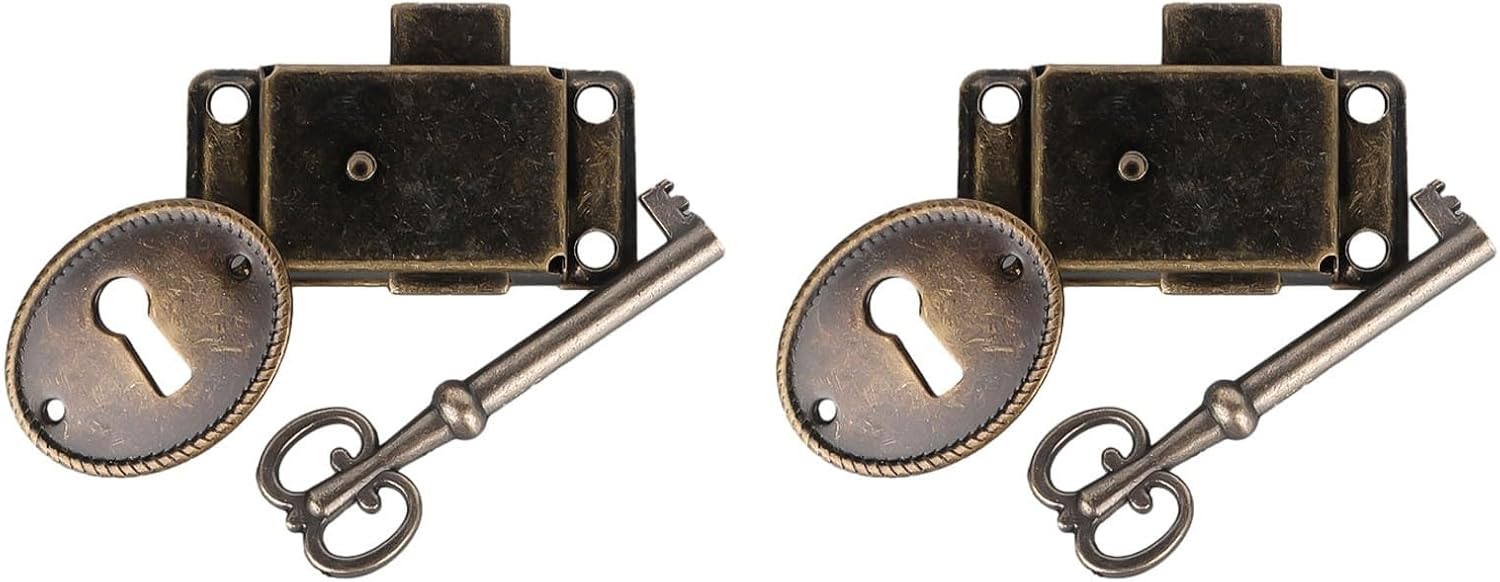 Antique Bronze Cabinet Door Lock Replacement with 2 Keys and Decorative Covers, for Furniture and Boxes