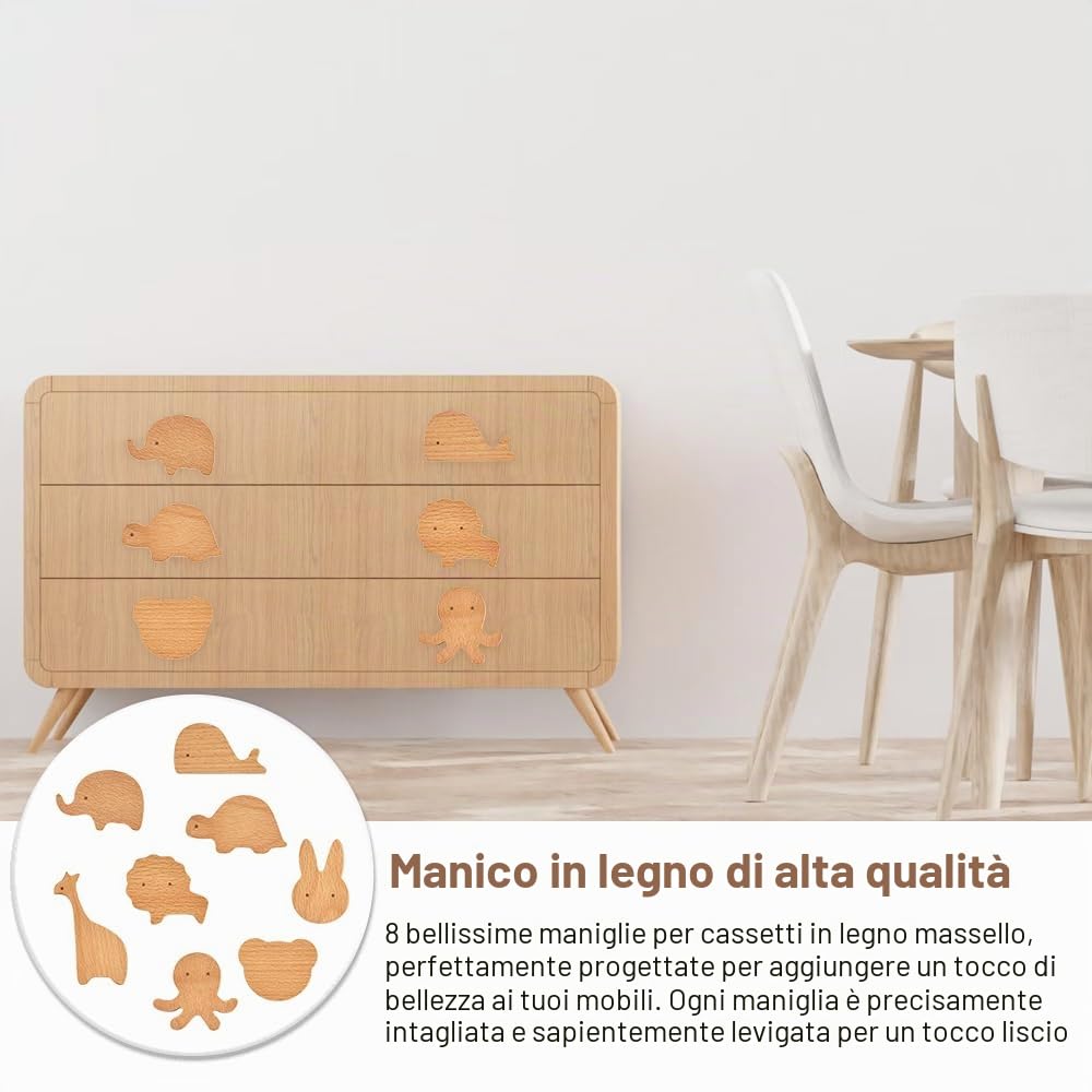 Pomelli per Mobili Bambini Maniglie Armadio Orso Leone Coniglio 8 pz Legno Viti