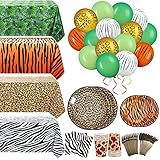 Jerify 169 Pieces Jungle Safari Zoo Animal Print Birthday Party Supplies Including Paper Plates Leopard Giraffe Cups Napkins Jungle Tablecloth Cheetah Table Cover Balloons Spoons Fork Party Decoration