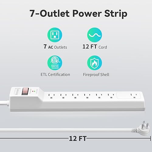 Miniatura 2 de Protector de sobretensiones (980 julios), regleta de alimentación de enchufe plano, cable de extensión de 12 pies con múltiples tomas, 7 tomas,