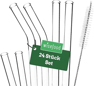 Wisefood® Glass straw Ø 10 mm [19 pcs] Reusable Straws Glass with 4 x Straw Brush [Clear], 21.5cm & 15cm
