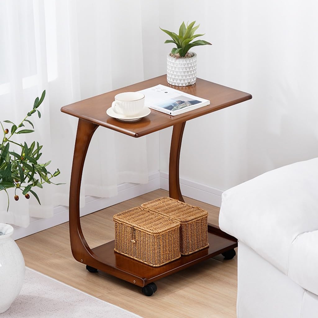 Solid Wood End Table with Rolling Wheels, C Shaped Side Table, TV Tray Table, Bed Table Rolling Tray with Storage, Couch Table That Slide Under for Small Space, Living Room, Bedroom ( Size : 50cm )