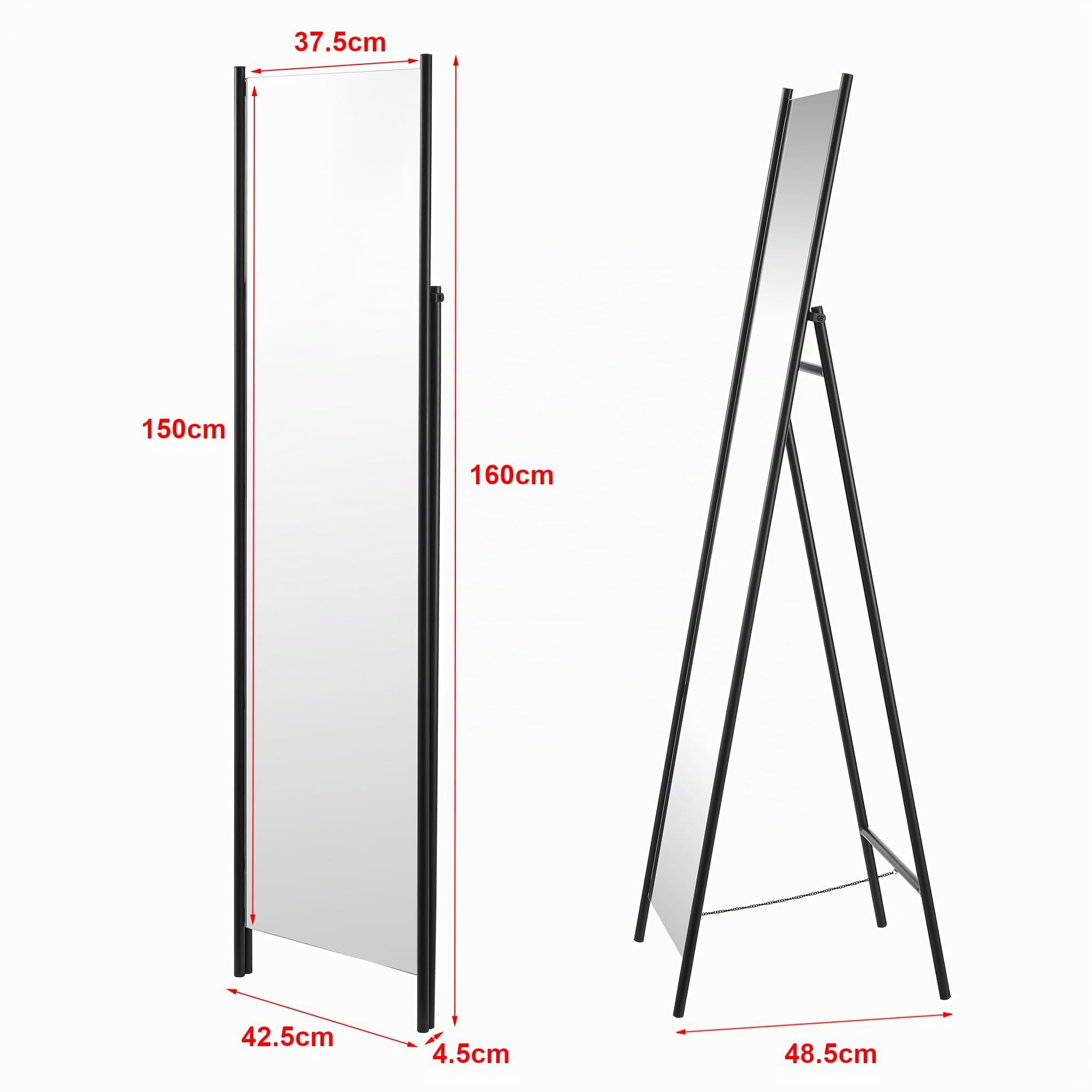 [en.casa] Specchio da Terra a Figura Intera Specchio Lungo Rettangolare 150 x 37,5 cm Specchio da Pavimento con Telaio in Metallo Nero