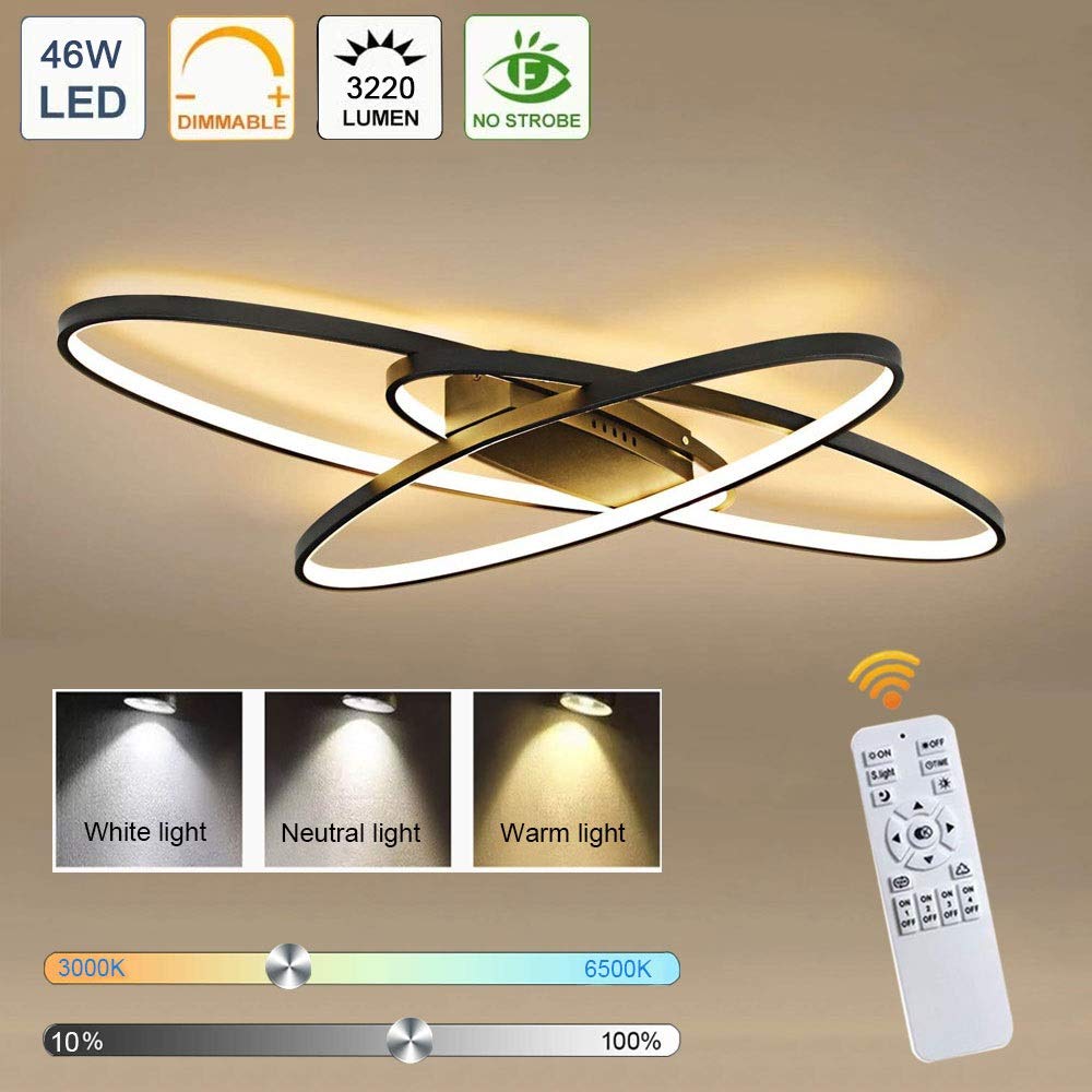 LED Plafonnier Dimmable 46W | Moderne à 3 Anneaux avec Télécommande Lampe De Plafond Noir Lampe de Salon 3220LM Éclairage de Plafond Décoratif Intérieur pour chambre, cuisine et bureau