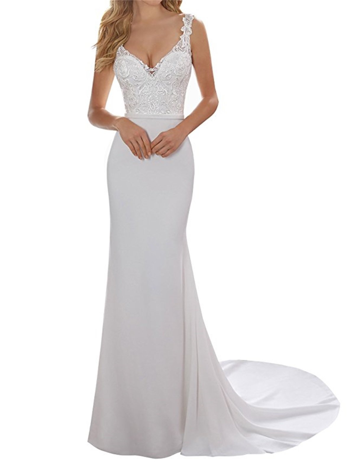Women's Sexy V-Neck Mermaid Backless Satin Beach Wedding Dress