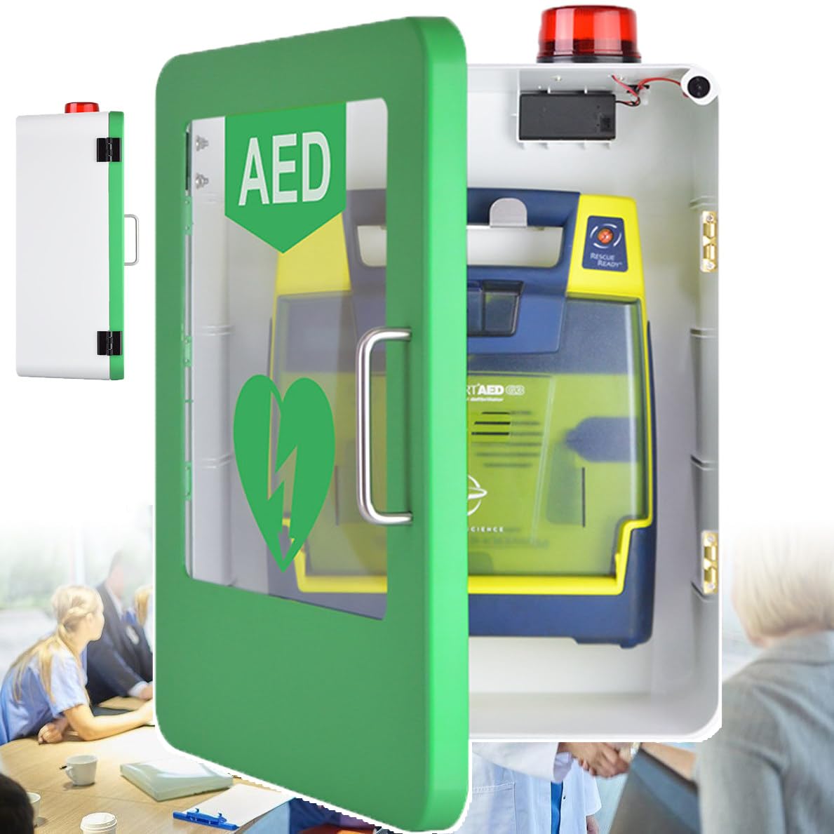 Mobiletto per Defibrillatore Semiautomatico (Dae) - Partizione Regolabile, Contenitore Parete Con Funzione Di Allarme E 2 Interruttori Di Controllo