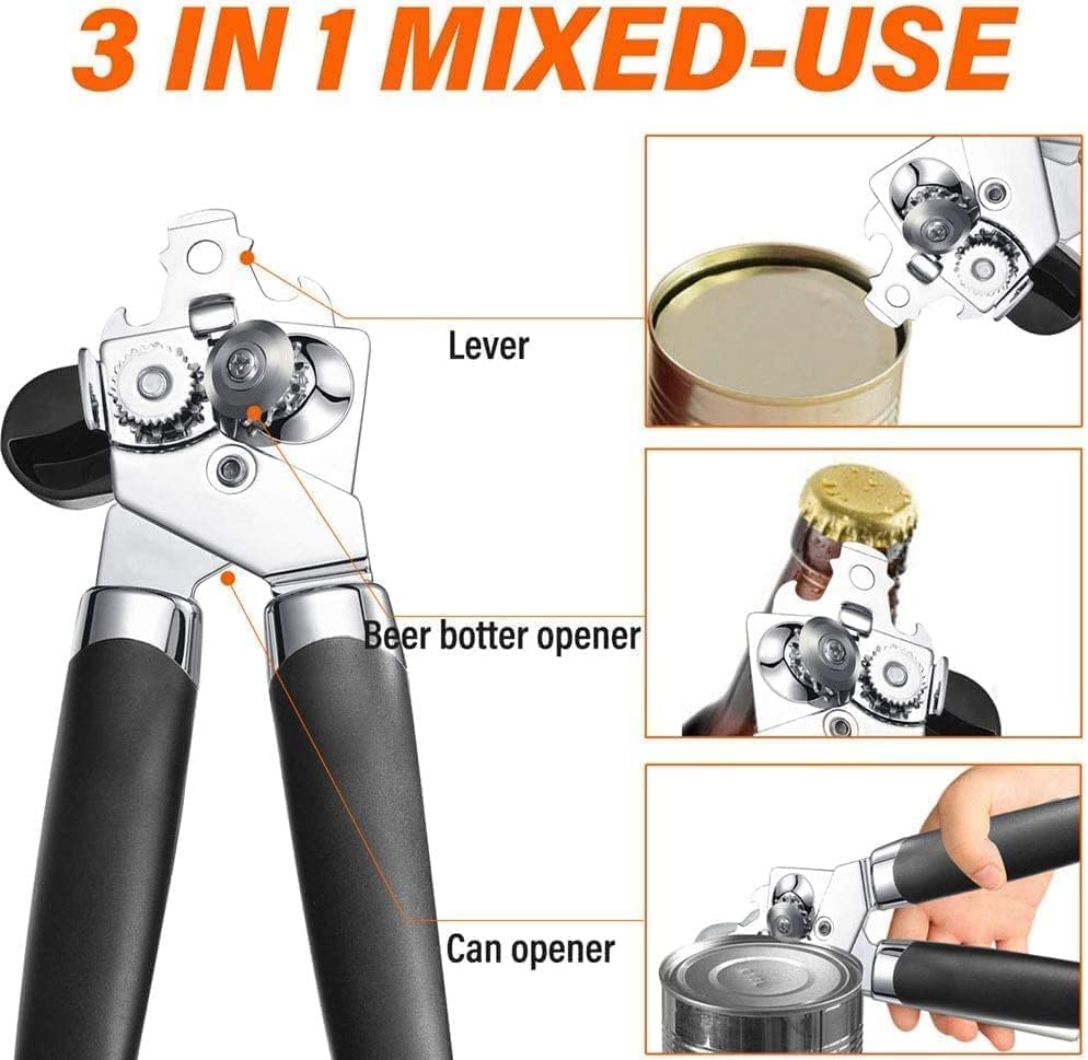 Miniatura 4 de Abrelatas manual - Abrelatas manual 3 en 1 de mano resistente, abrelatas de acero inoxidable, borde liso manual con perilla de ahorro de esfuerzo de