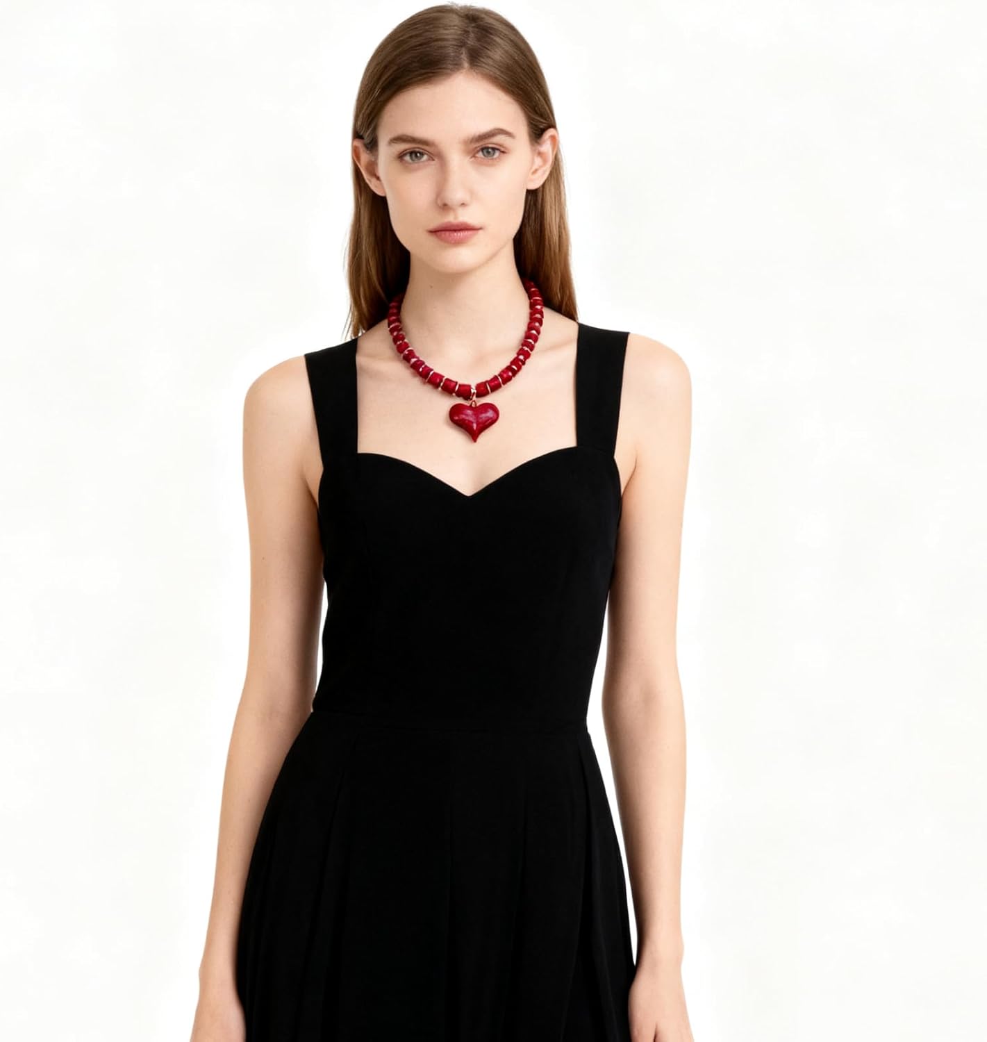 Acrylic Puffy Heart Pendant Necklace Chunky Geometric Beaded Statement Necklace Jewelry Gift- Brown - Image 2