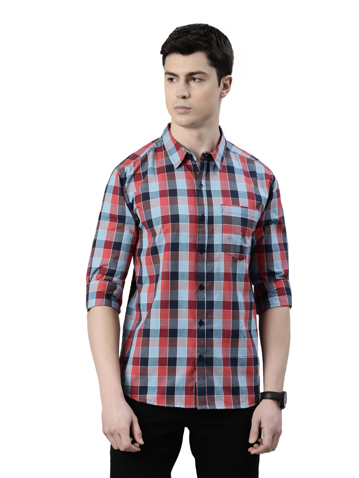 JOVEN Men's Full Sleeve Blue Checked Slim Fit Casual Cotton Shirt