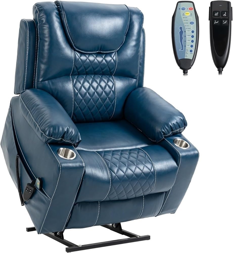 Comfort Blue Leather Power Lift Recliner Chair with Massage and Heat for Elderly Adults Heavy Duty Electric Reclining Sofa with USB Port Cup Holders Side Pocket