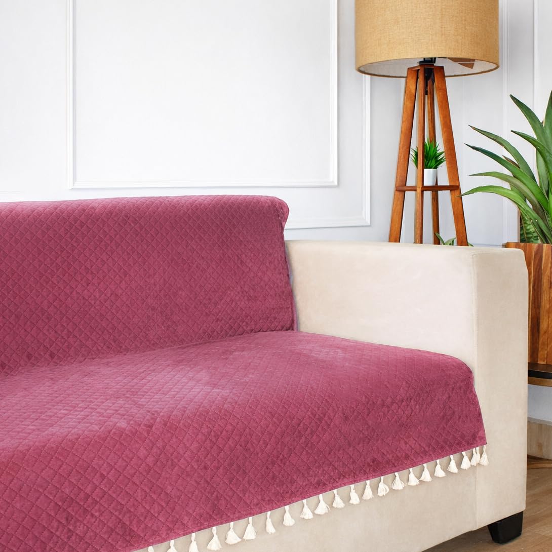 STITCHNEST 'Maison Plush Series' Quilted Velvet Sofa Cover 2 Seater Fully Covered | Premium Soft Fabric, Washable & Fade Resistant | Peach Sofa Protector with Tassels | Size 48x60 Inch