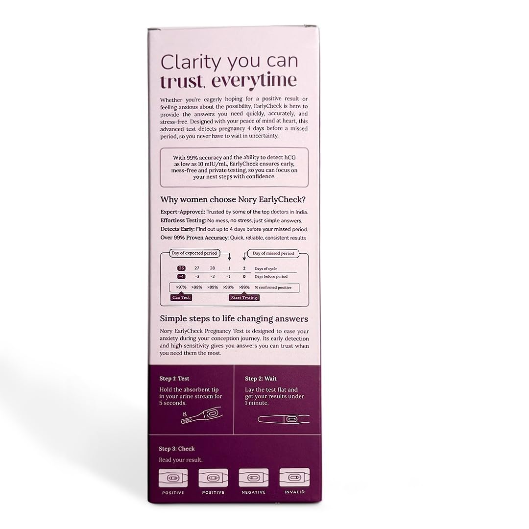 NORY EarlyCheck Pregnancy Test – Detects 4 Days Sooner, Over 99% Accuracy, Ultra-Sensitive hCG Detection (10 mIU/mL), Quick 1-Min Result, Midstream Test - Image 6 thumbnail