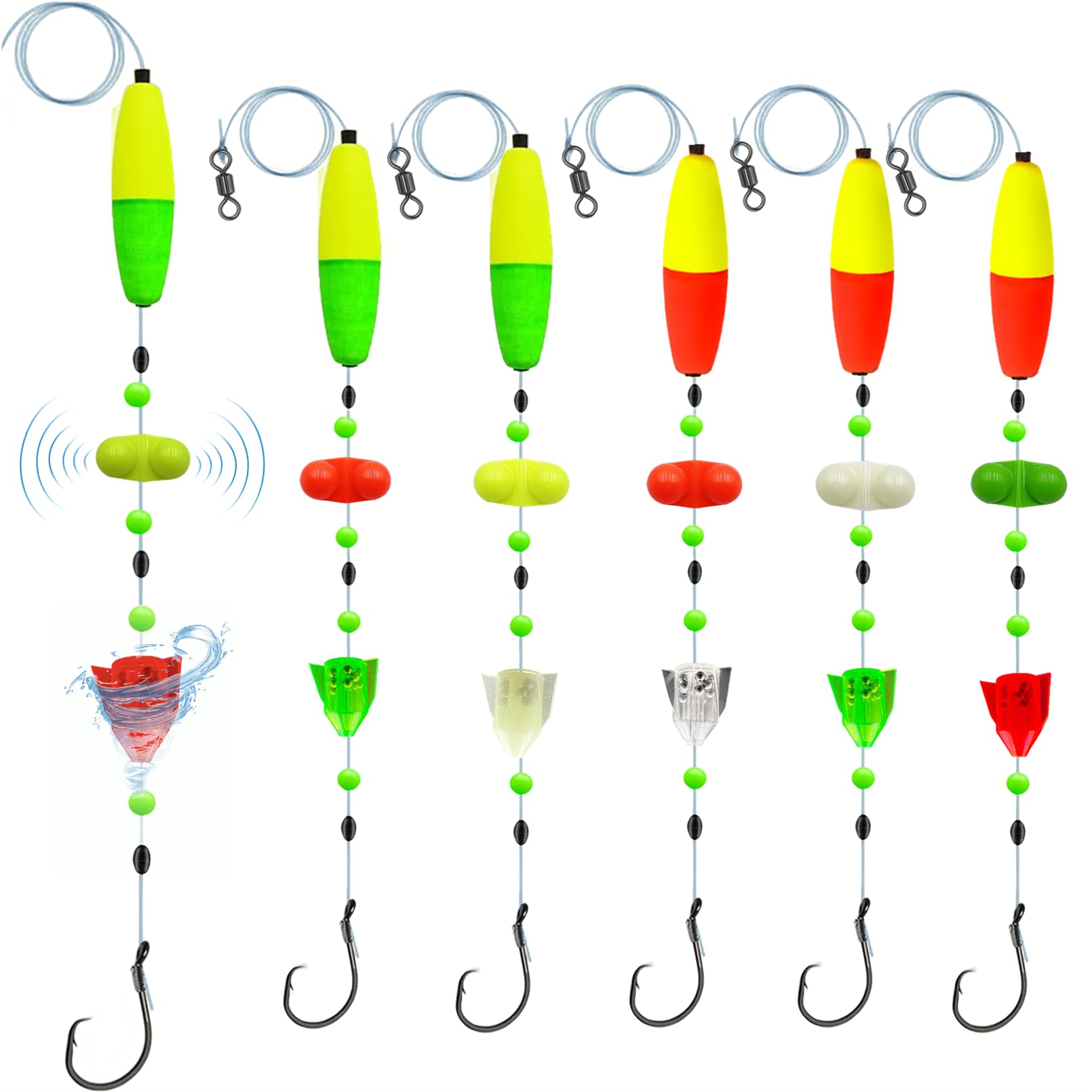 6Pcs Catfish Fishing Rigs Ready Kit，2 in 1 Rotating rattles/Double Rattles Beads, Float Rigs Tackle Santee Rig Peg Catfish，Free Adjustment in freshwter and Saltwater