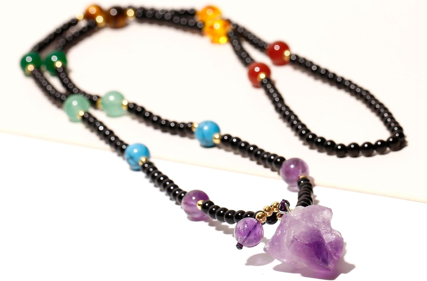7 Chakra with Raw Quartz Amethyst Crystal Long Necklaces for Women Stones and Crystals Meditation Balance Black Agate Beaded Necklace - Image 6