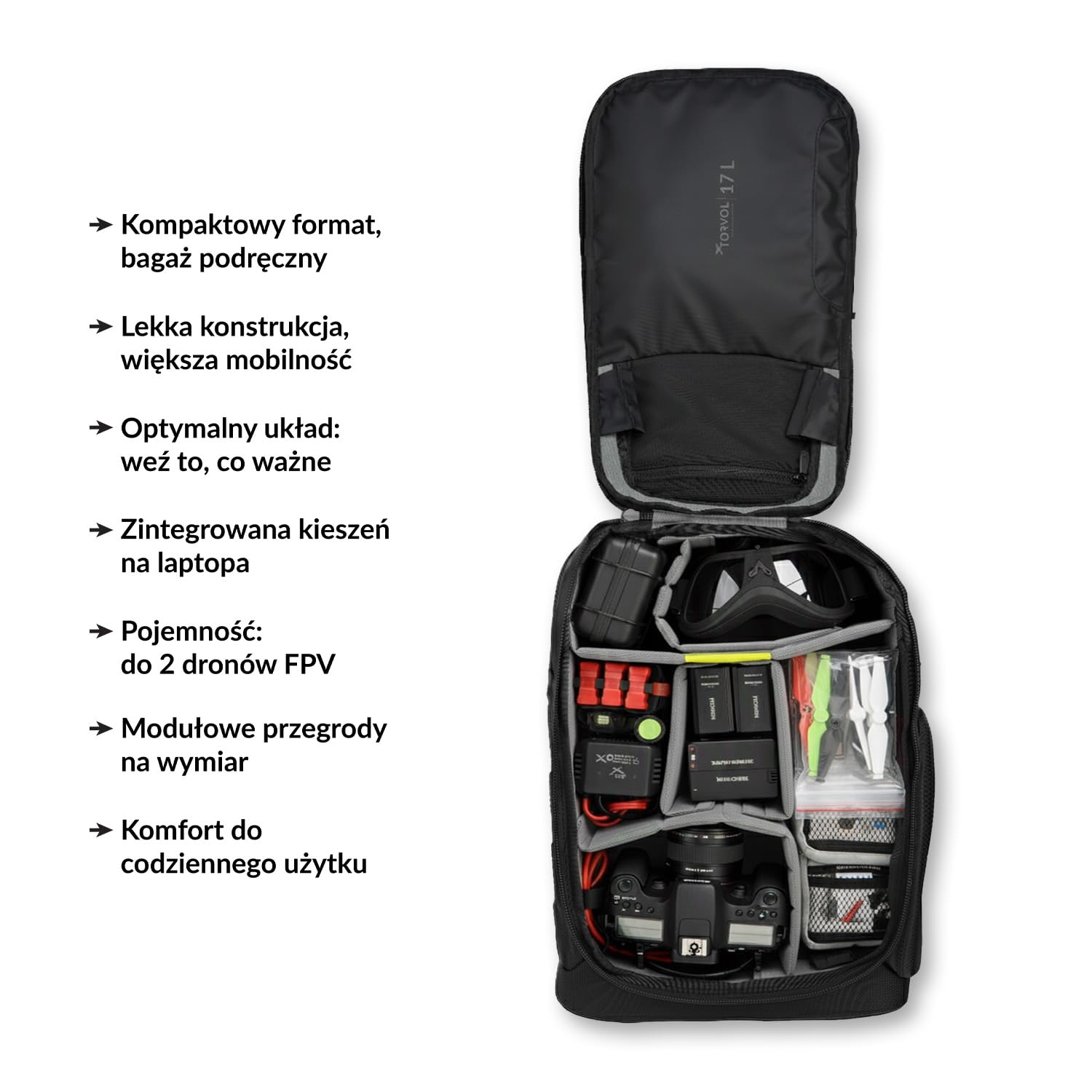 Torvol Plecak Pitstop Compact, 17L Plecak FPV na 2 drony, kieszeń na laptopa, modułowe przegrody, lekki i kompaktowy, czarny