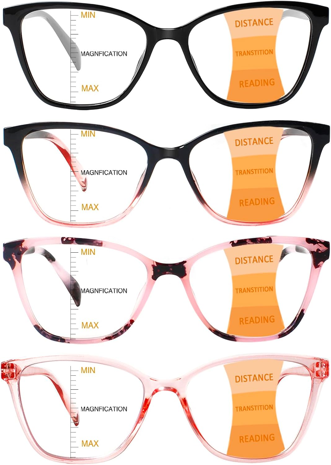 4 Pack Progressive Multifocus Reading Glasses for Women Men Blue Light Blocking Readers with Spring Hinge