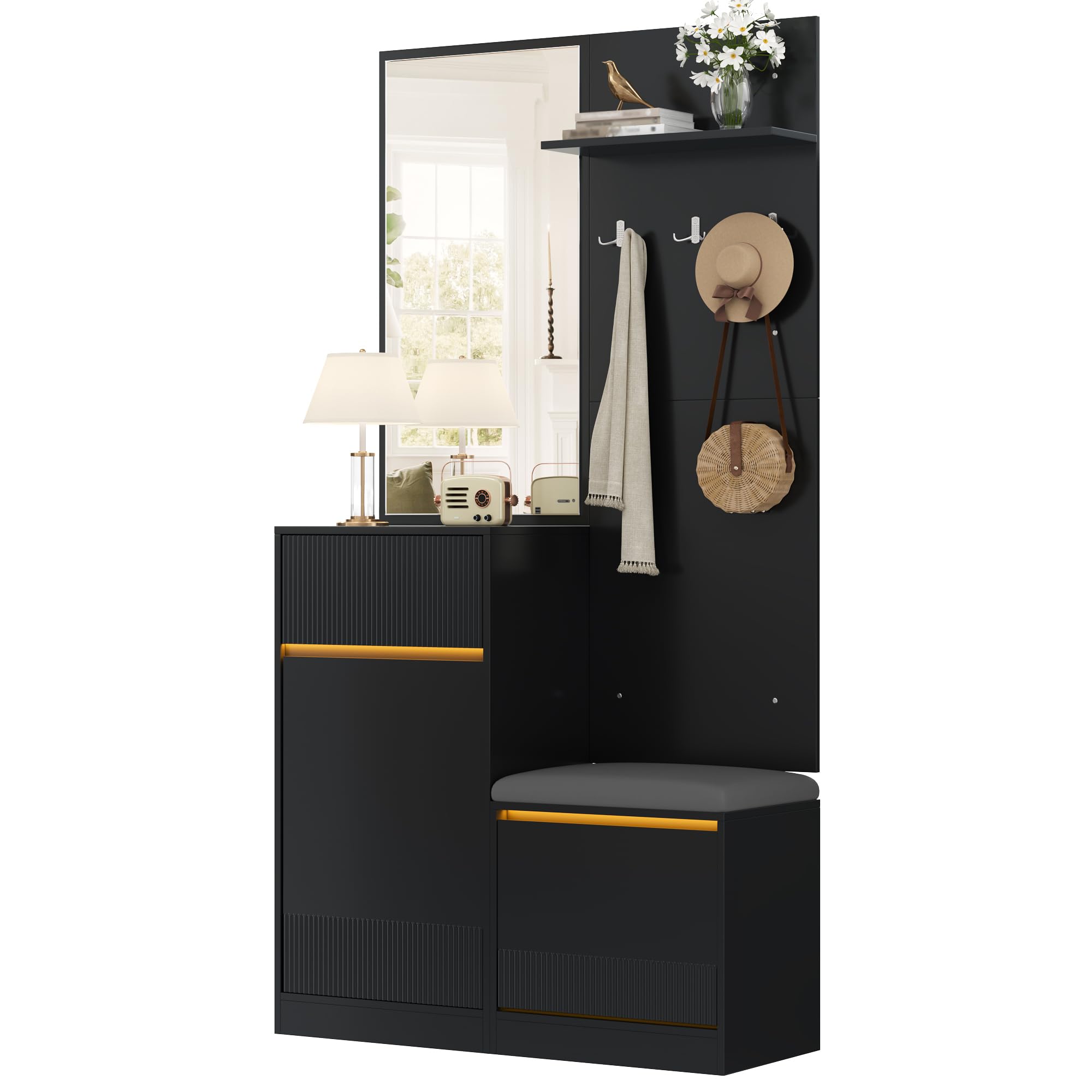 Generisch Kompaktowa garderoba z lustrem LED ławka na buty 105 x 38 x 190 cm czarna