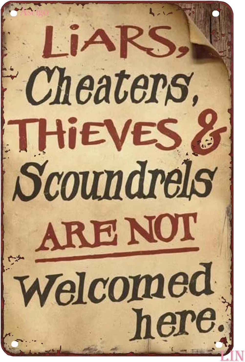 peiyeety Liars Cheaters Thieves & Scoundrels areWelcomed Here Metal Tin Sign – Vintage Saloon Bar Wall Decor for Home Bar Man Cave Garage Living Room Bedroom Kitchen Hallway 8x12 Inch