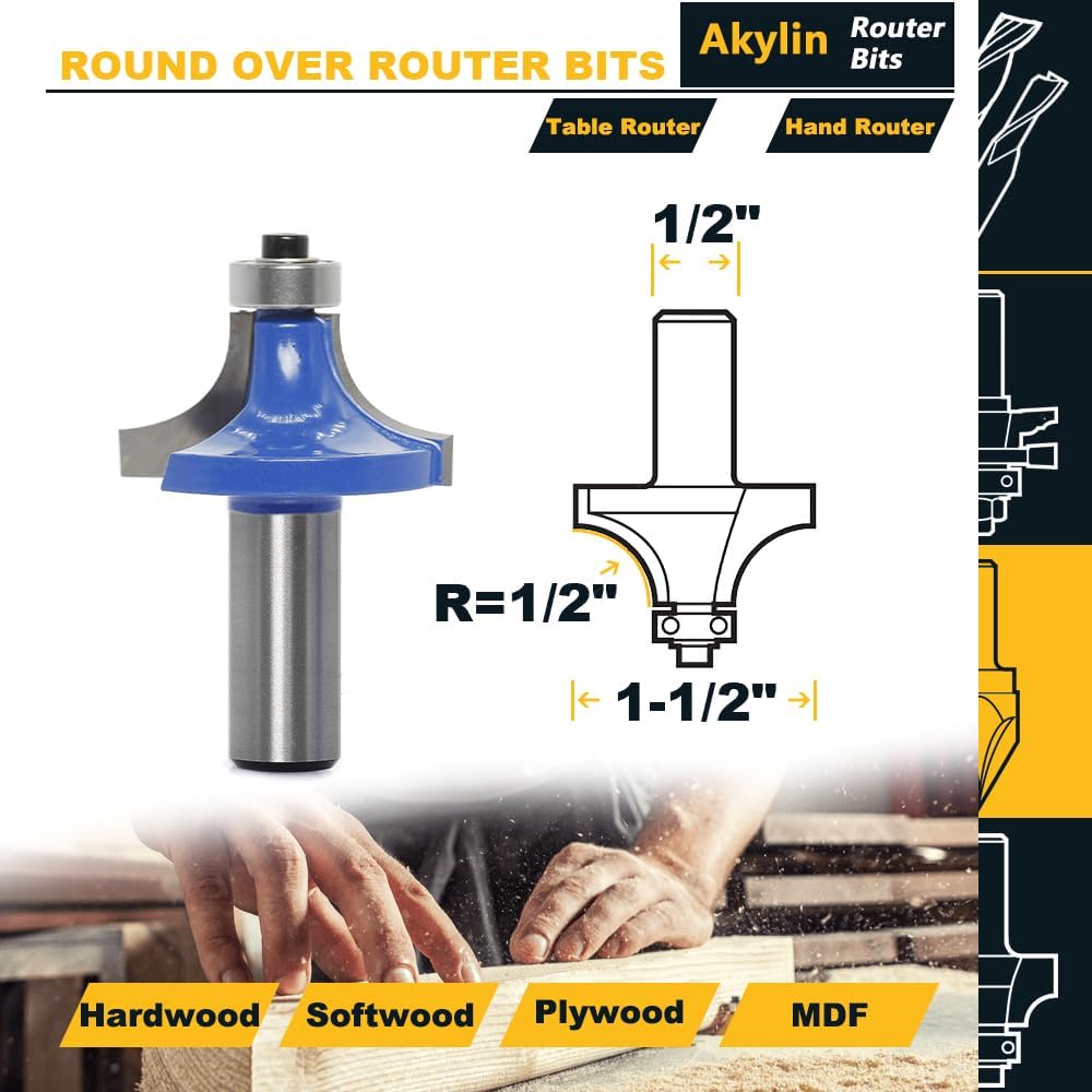 Round Over Router Bits 1/2" Shank,Radius 1/2" Roundover Beading Router Bit, Corner Rounding Edge Forming, Round Over Edging Router Bits, by Akylin - Image 2