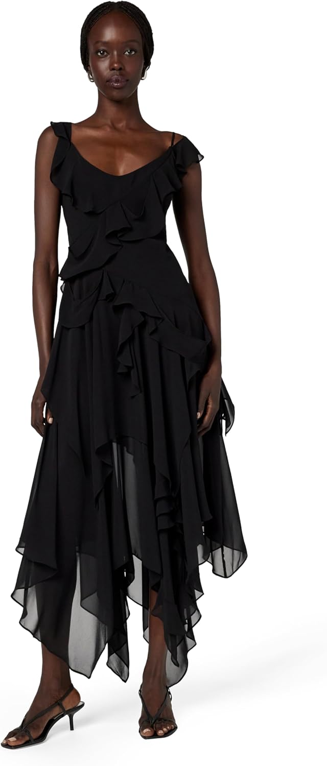 BCBGMAXAZRIA Women's Scoop Neck Sleeveless Ruffle Maxi Cocktail Dress