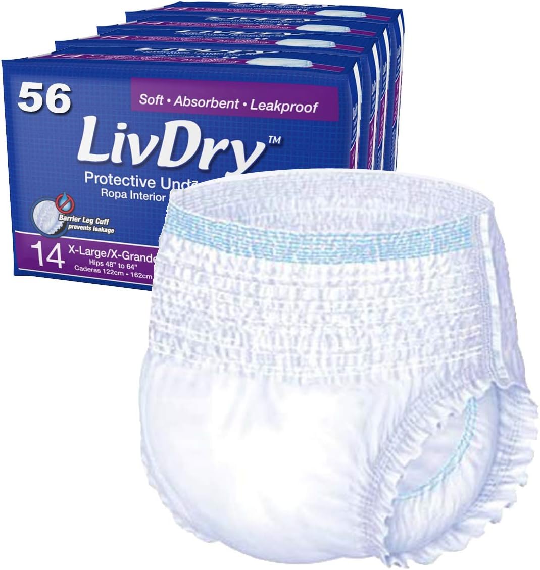 LivDry Adult Diapers | XL Protective Incontinence Underwear | Super Absorbent 56 Count | Regular/Daytime